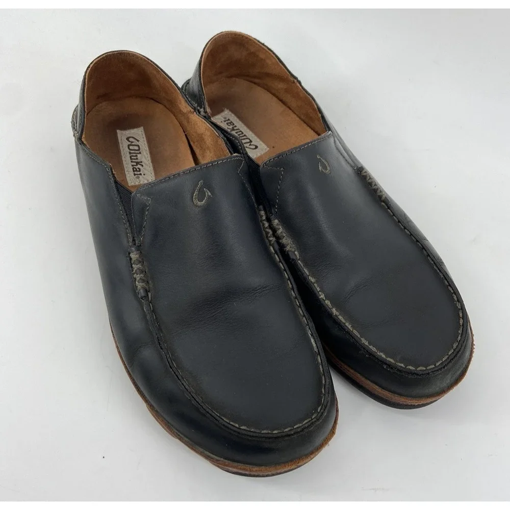 Olukai Shoe Men 12 Moloa Loafer Black Leather Slipper Convertible Slip On Casual